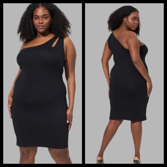 6X 30W Torrid Black Mini Dress Foxy One Shoulder Bodycon Stretch Classic Gothic - Picture 1 of 6